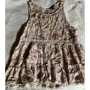 American Eagle Babydoll Floral Lace Sleeveless Top Medium Pink Brown Ivory